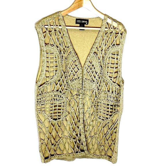 Vintage Lisa Originals Gold Metallic Lacy Crochet Open Front Vest Size L - Picture 1 of 11